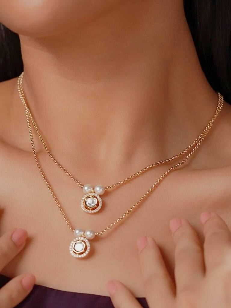 Premium Gold-Plated Layered Pearl Necklace Set With Ad Stone Stud Earrings For Women And Girls | Lightweight P : NS0824SRP408W