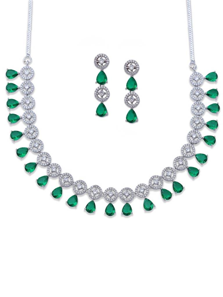 Silver Plated Minimal Necklace Set With Earrings American Diamond Adjustable Chain, Push-Back Earrings – : NS0825GJD375P1260SG