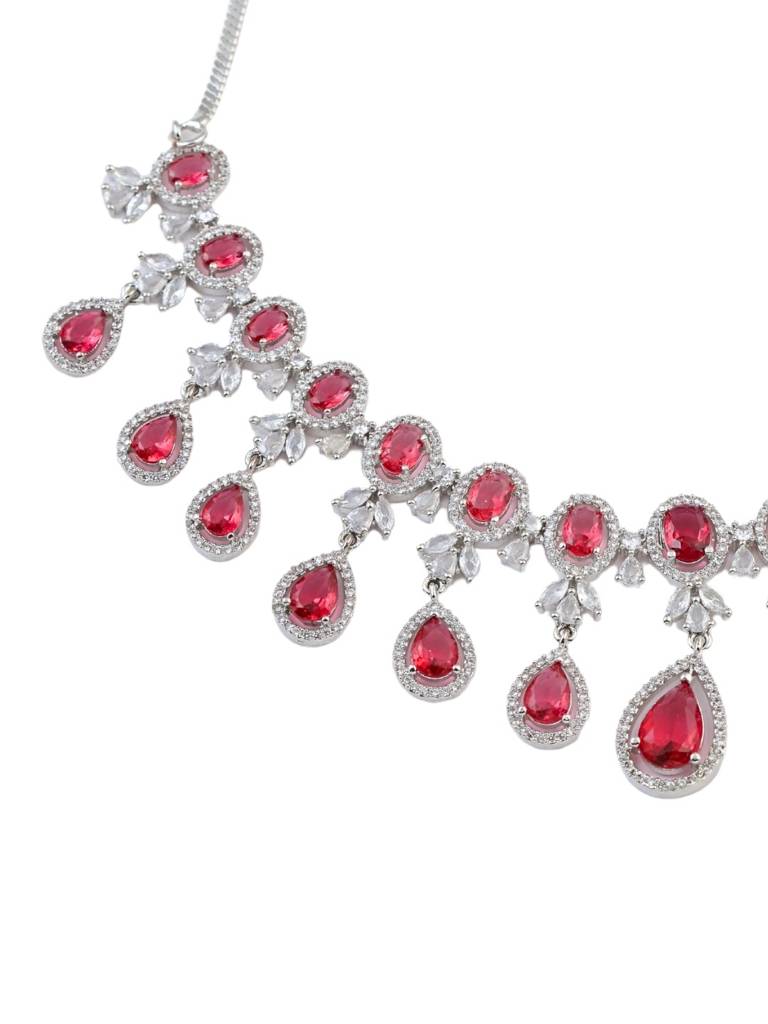 Silver-Plated Ruby-Coloured American Diamond Necklace Set For Women | Party Use & Bridal Jewellery With  : NS1125GJD379P2170SP