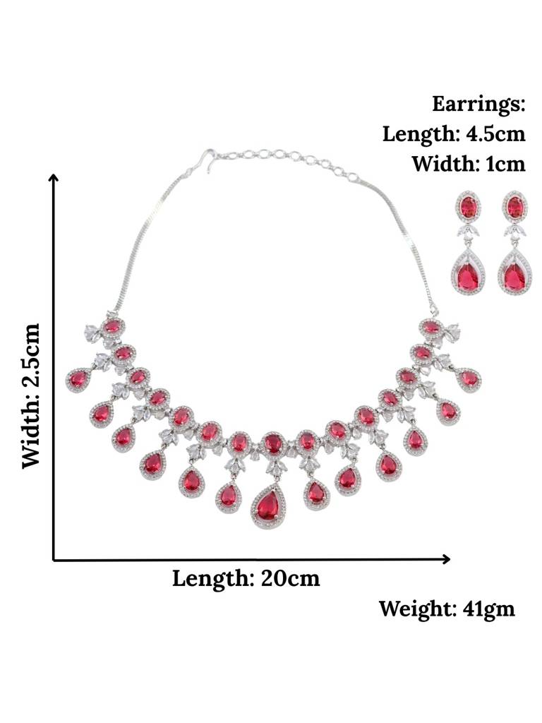 Silver-Plated Ruby-Coloured American Diamond Necklace Set For Women | Party Use & Bridal Jewellery With  : NS1125GJD379P2170SP