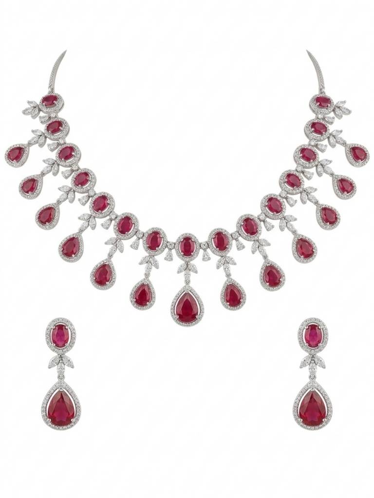 Silver-Plated Ruby-Coloured American Diamond Necklace Set For Women | Party Use & Bridal Jewellery With  : NS1125GJD379P2170SP
