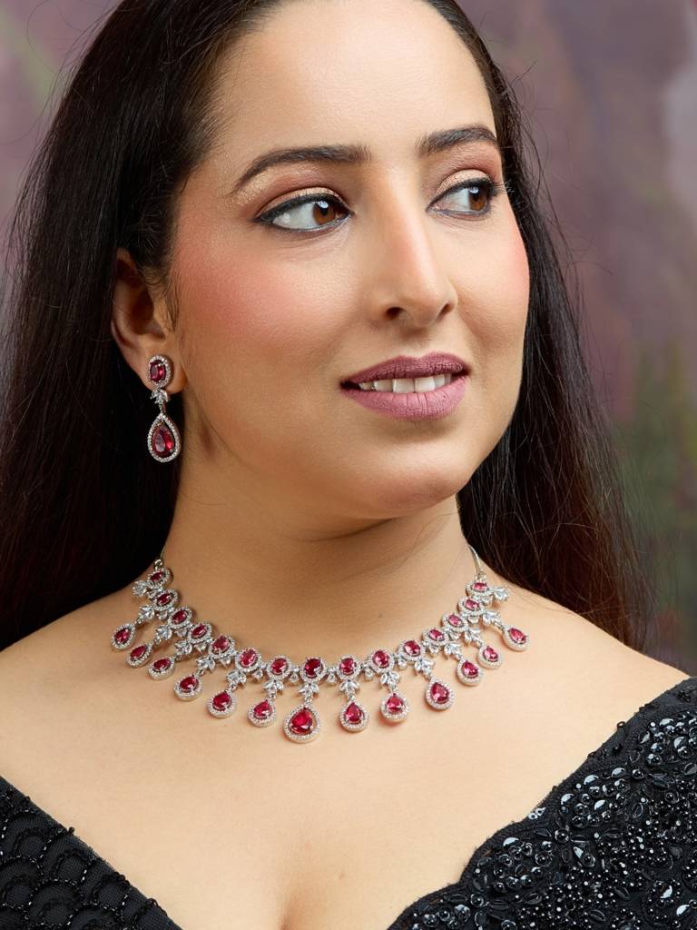 Silver-Plated Ruby-Coloured American Diamond Necklace Set For Women | Party Use & Bridal Jewellery With  : NS1125GJD379P2170SP