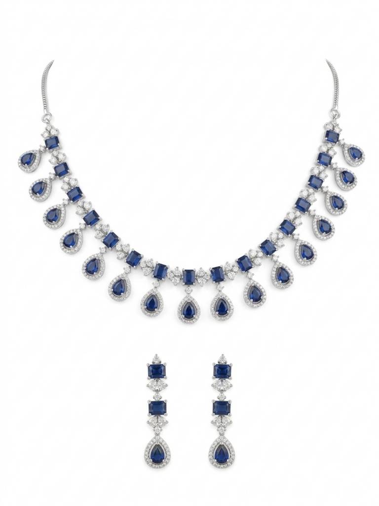 Silver-Plated Navy Blue Crystal Necklace Set For Women | Party Use Western Jewellery With Earrings | Lig : NS1125GJD578P1700SB