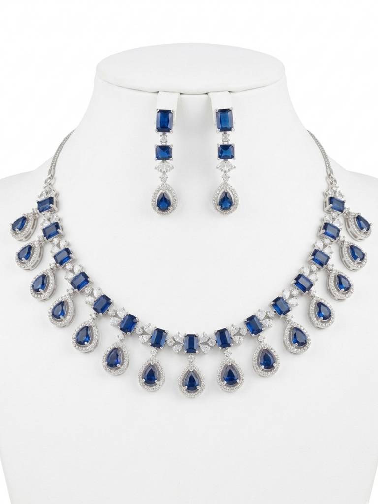Silver-Plated Navy Blue Crystal Necklace Set For Women | Party Use Western Jewellery With Earrings | Lig : NS1125GJD578P1700SB