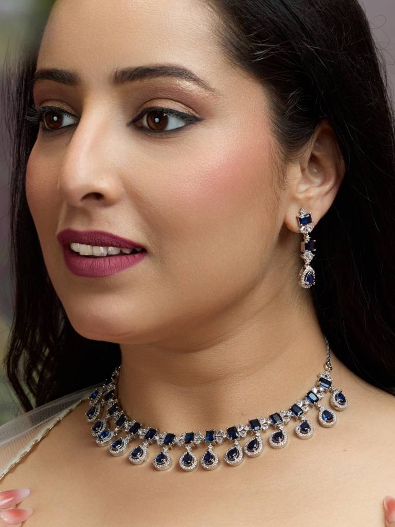 Silver-Plated Navy Blue Crystal Necklace Set For Women | Party Use Western Jewellery With Earrings | Lig : NS1125GJD578P1700SB