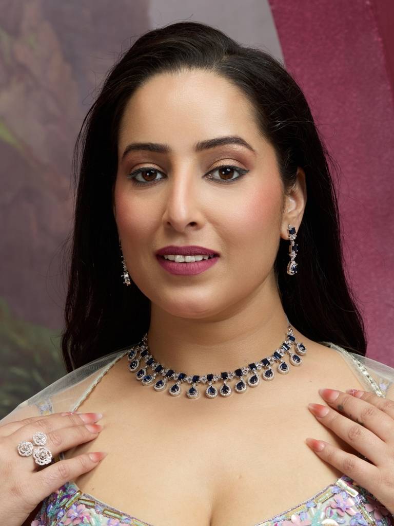 Silver-Plated Navy Blue Crystal Necklace Set For Women | Party Use Western Jewellery With Earrings | Lig : NS1125GJD578P1700SB