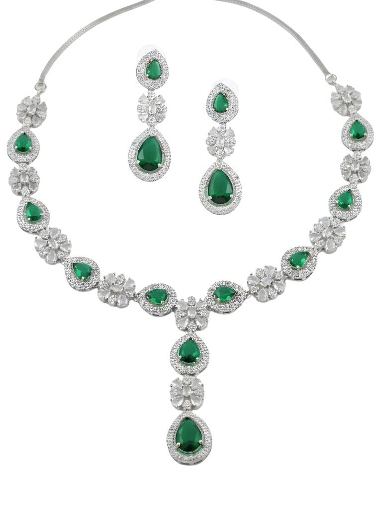 Silver-Plated Necklace Set For Women | Premium American Diamond Jewellery With Earrings | Bridal, Party  : NS1125GJD817P2510SG
