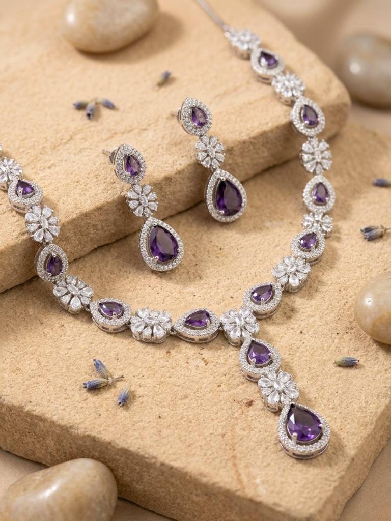 Silver-Plated Necklace Set For Women | Premium American Diamond Jewellery With Earrings | Bridal, Party  : NS1125GJD817P2510SP