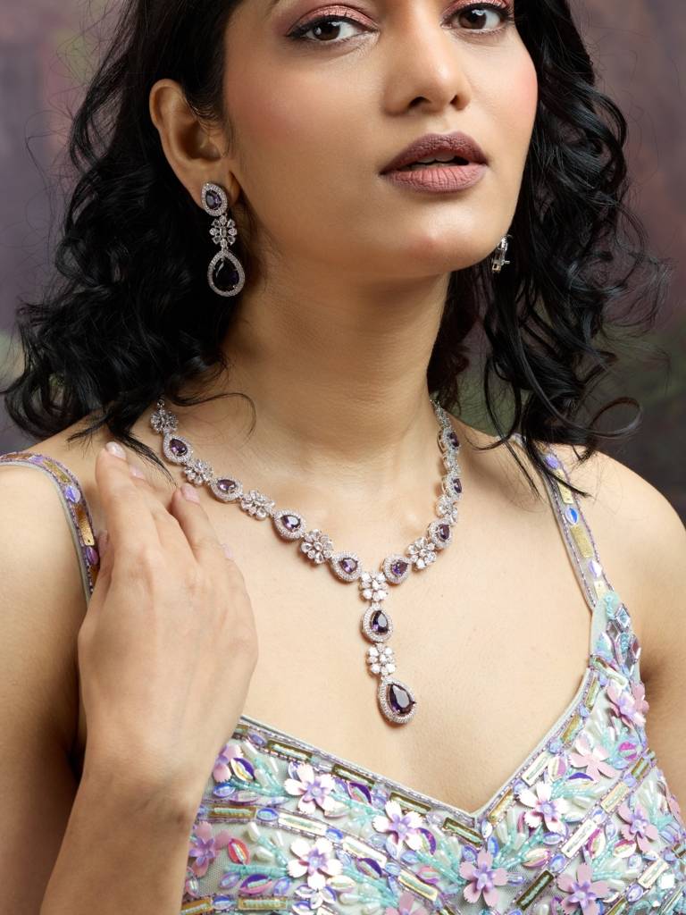 Silver-Plated Necklace Set For Women | Premium American Diamond Jewellery With Earrings | Bridal, Party  : NS1125GJD817P2510SP