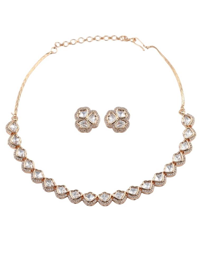 Gold Tone Polki Kundan Classic Single Line Necklace Set With Earrings | White Stones Design | Bridal, Party  : NS1125KSP2500GW