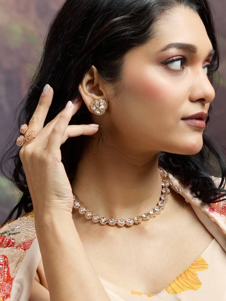 Gold Tone Polki Kundan Classic Single Line Necklace Set With Earrings | White Stones Design | Bridal, Party  : NS1125KSP2500GW