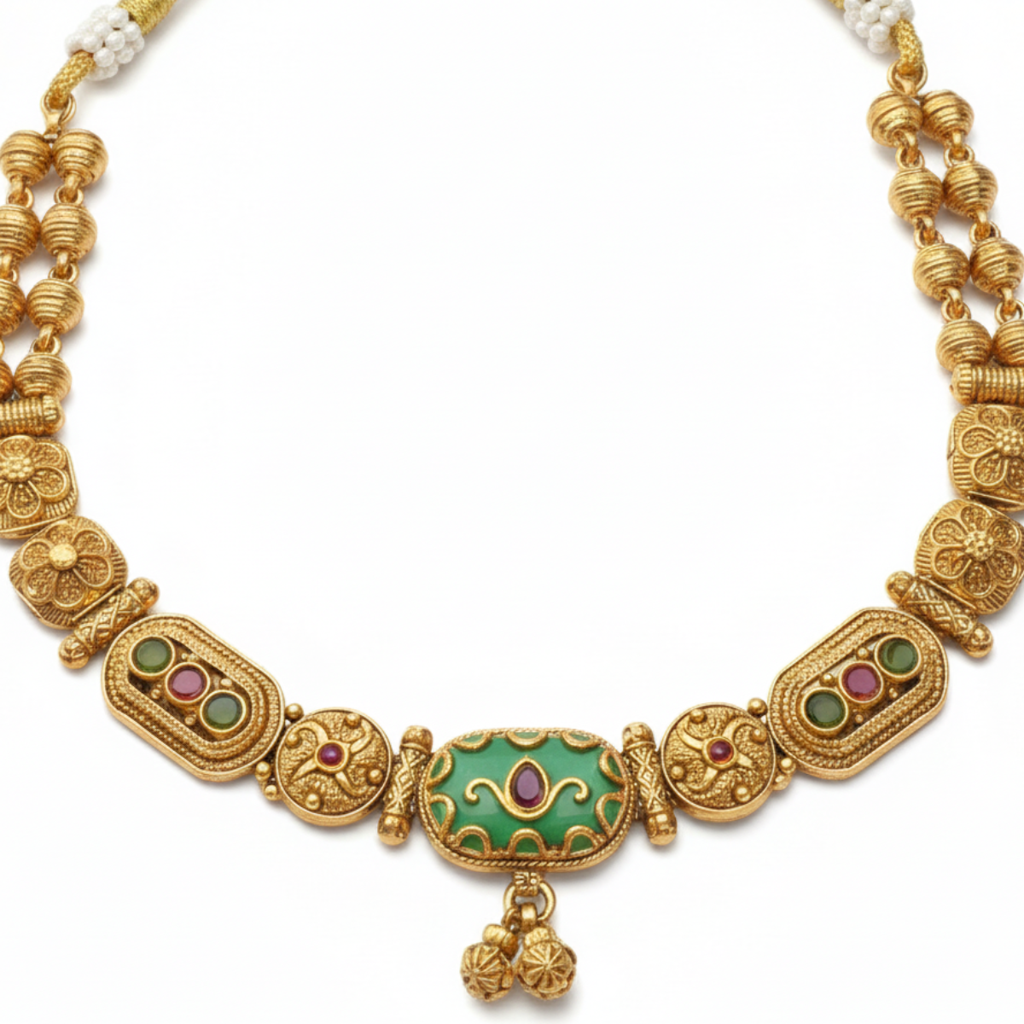 Traditional Gold-Plated Necklace Set For Women | Antique Temple Design Jewelry With Earrings | Bridal & Festi : NS1125SRP215GM