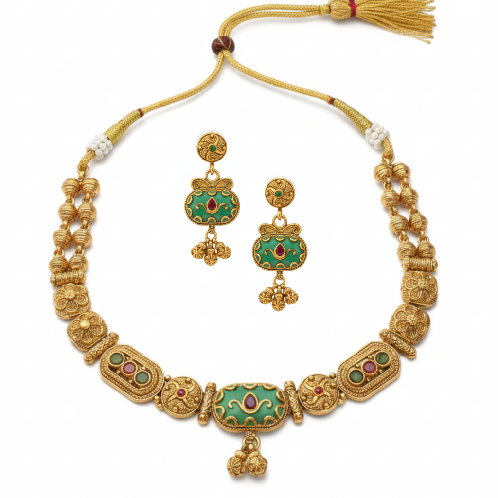 Traditional Gold-Plated Necklace Set For Women | Antique Temple Design Jewelry With Earrings | Bridal & Festi : NS1125SRP215GM