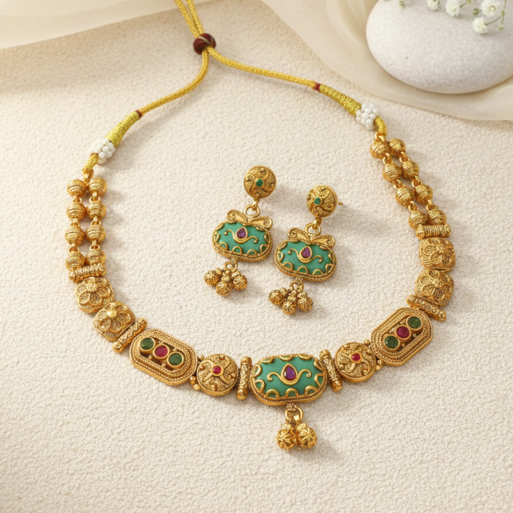 Traditional Gold-Plated Necklace Set For Women | Antique Temple Design Jewelry With Earrings | Bridal & Festi : NS1125SRP215GM