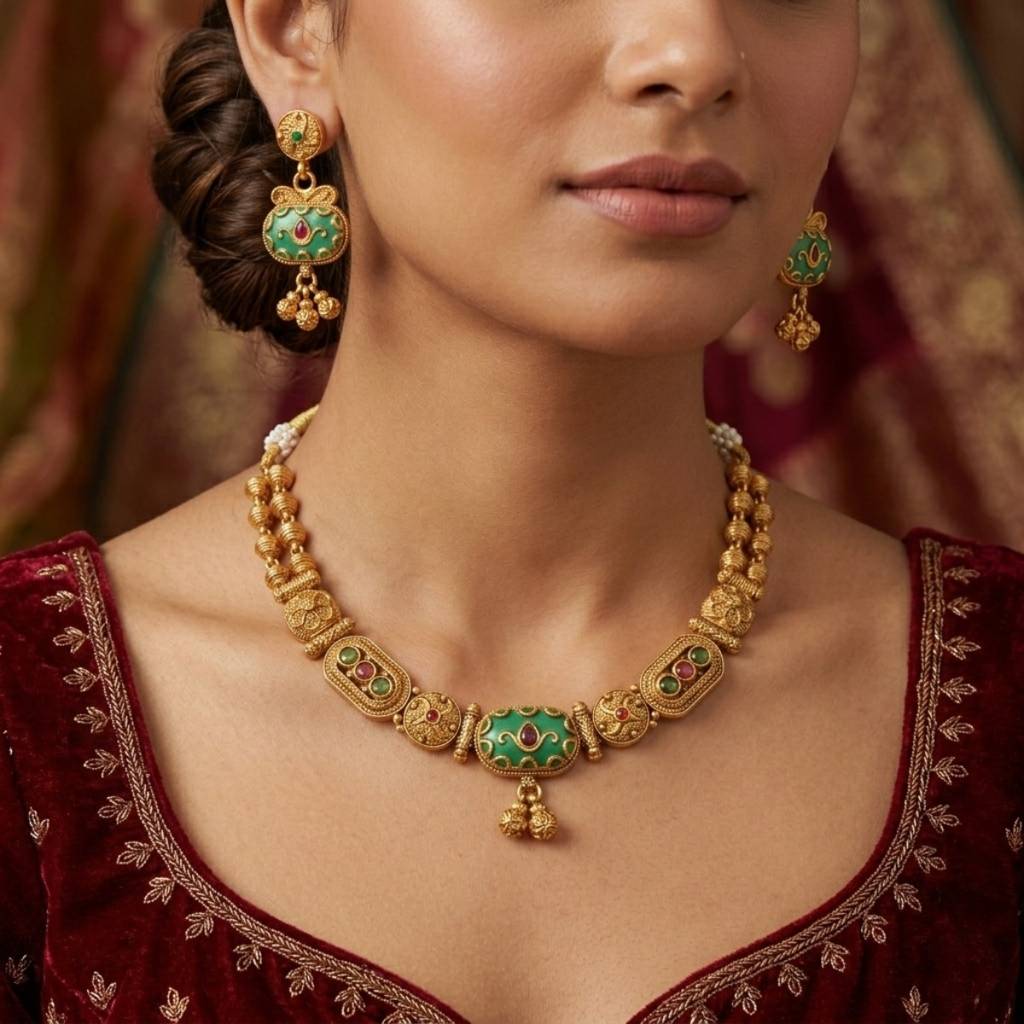 Traditional Gold-Plated Necklace Set For Women | Antique Temple Design Jewelry With Earrings | Bridal & Festi : NS1125SRP215GM
