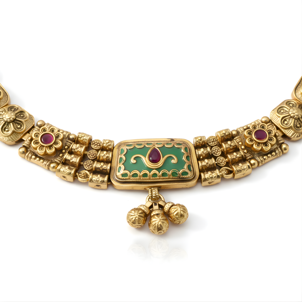 Traditional Gold-Plated Necklace Set For Women | Antique Temple Design Jewelry With Earrings | Bridal & Festi : NS1125SRP215GP
