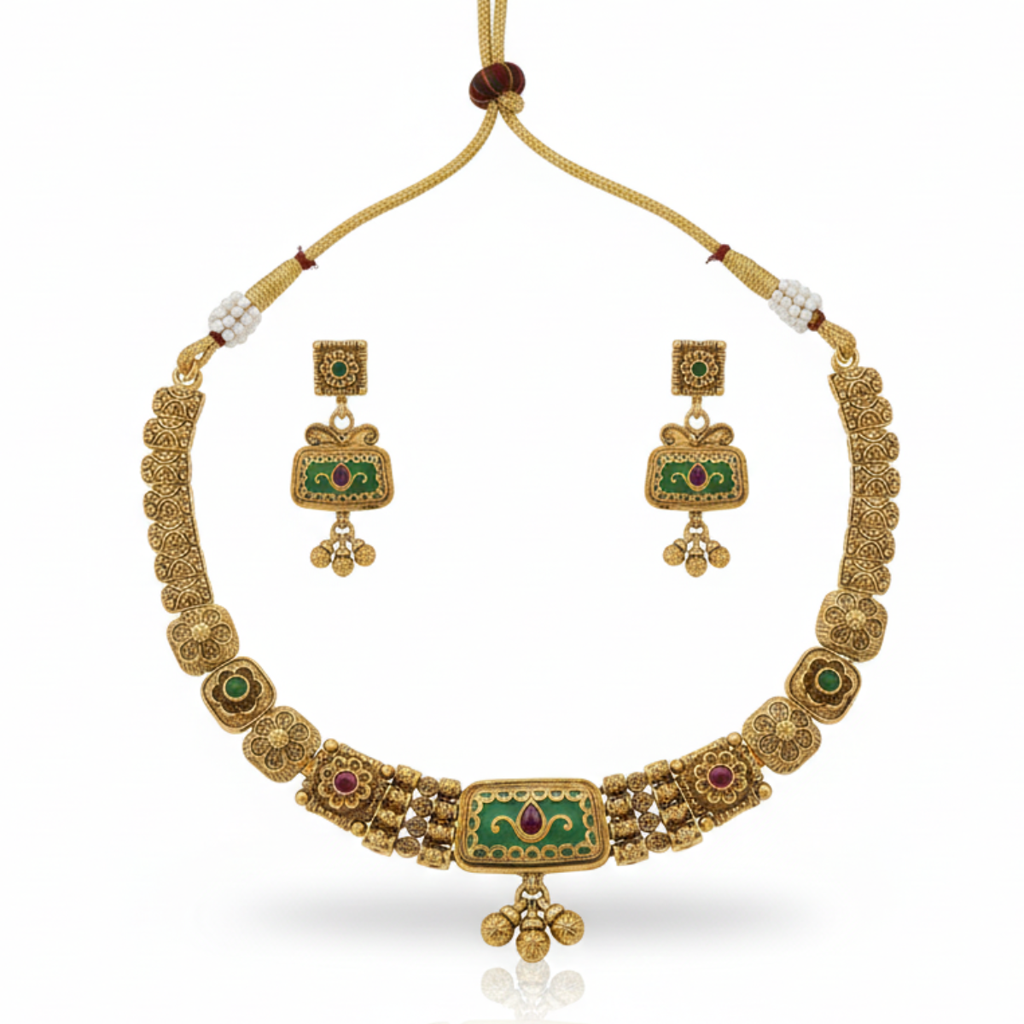 Traditional Gold-Plated Necklace Set For Women | Antique Temple Design Jewelry With Earrings | Bridal & Festi : NS1125SRP215GP