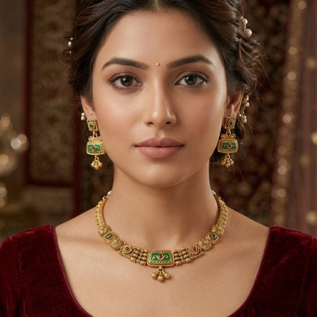 Traditional Gold-Plated Necklace Set For Women | Antique Temple Design Jewelry With Earrings | Bridal & Festi : NS1125SRP215GP