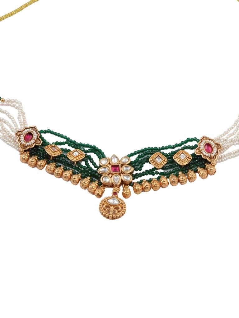 Green & White Temple Jewellery Necklace Set With Jhumka Earrings | Gold Tone Kundan & Pearl Beads | Bridal &  : NS1125SRP323GM