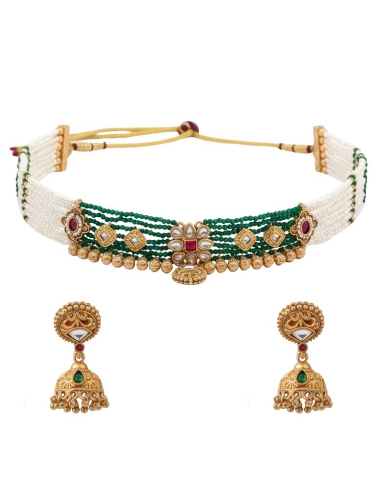 Green & White Temple Jewellery Necklace Set With Jhumka Earrings | Gold Tone Kundan & Pearl Beads | Bridal &  : NS1125SRP323GM