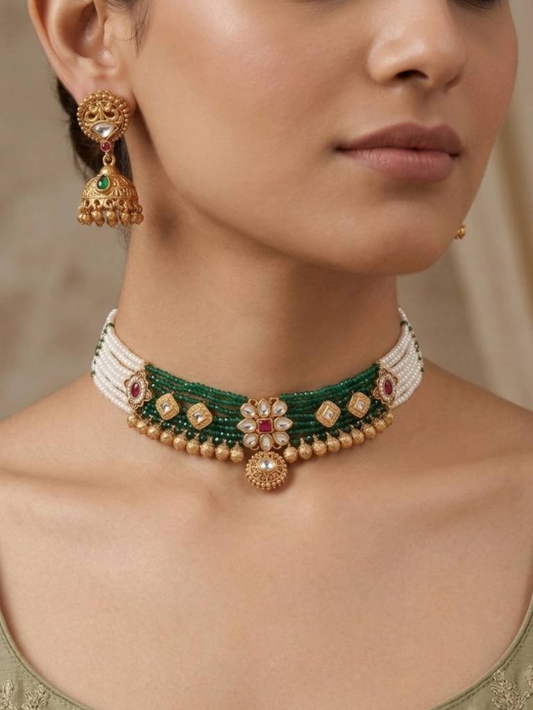 Green & White Temple Jewellery Necklace Set With Jhumka Earrings | Gold Tone Kundan & Pearl Beads | Bridal &  : NS1125SRP323GM