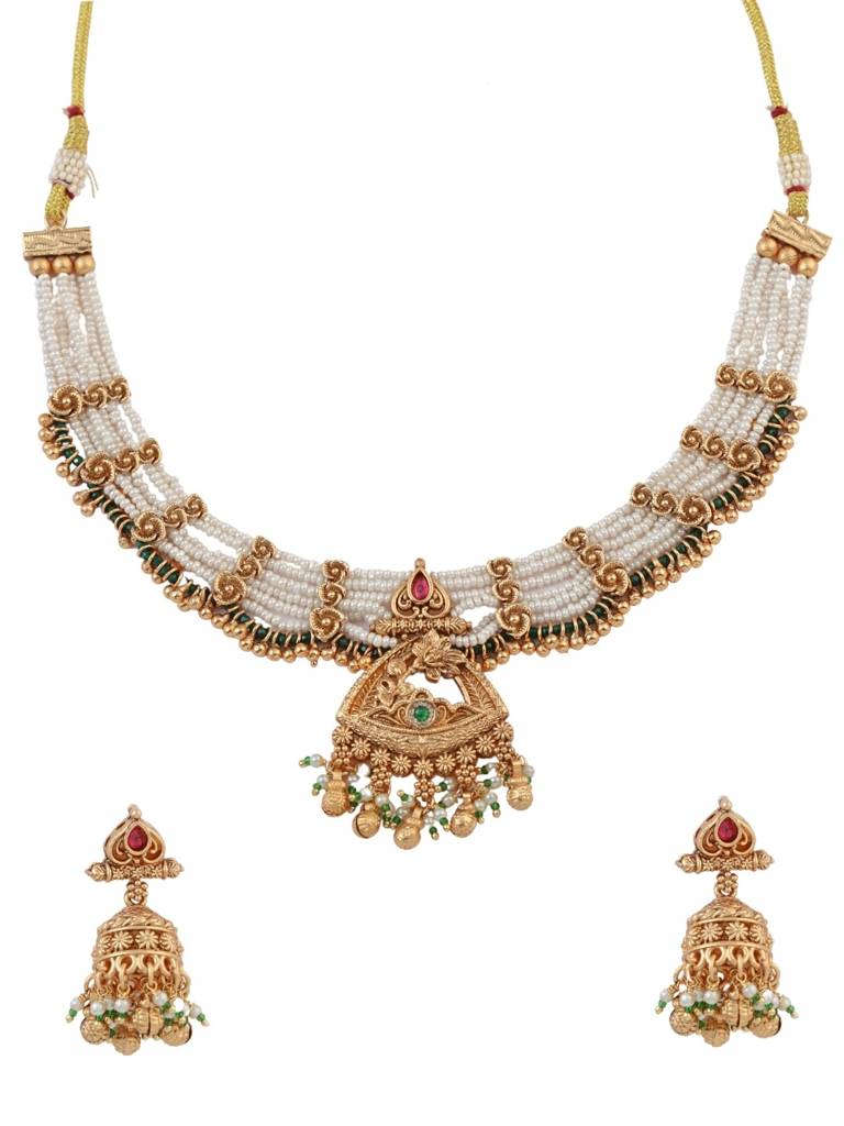 Traditional Temple Jewellery Necklace Set With Jhumka Earrings | Antique Gold With White Beads | Bridal & Fes : NS1125SRP380GM
