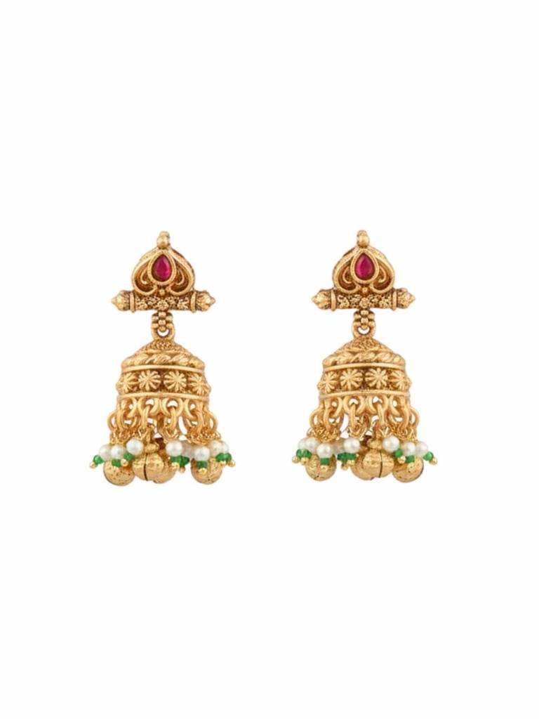Traditional Temple Jewellery Necklace Set With Jhumka Earrings | Antique Gold With White Beads | Bridal & Fes : NS1125SRP380GM
