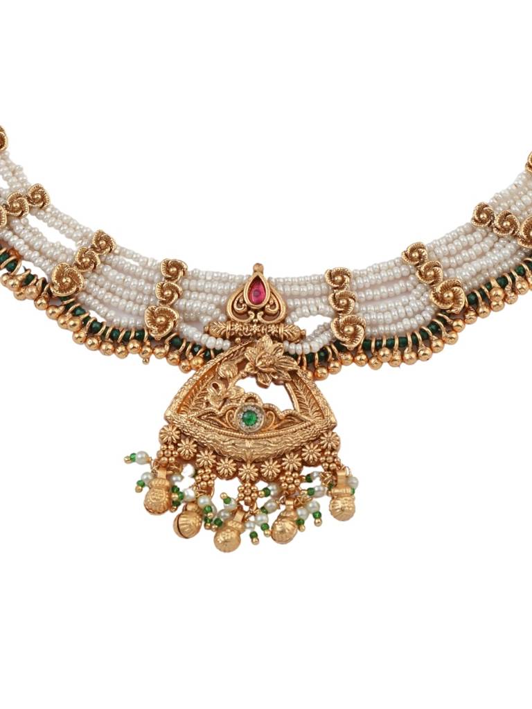 Traditional Temple Jewellery Necklace Set With Jhumka Earrings | Antique Gold With White Beads | Bridal & Fes : NS1125SRP380GM