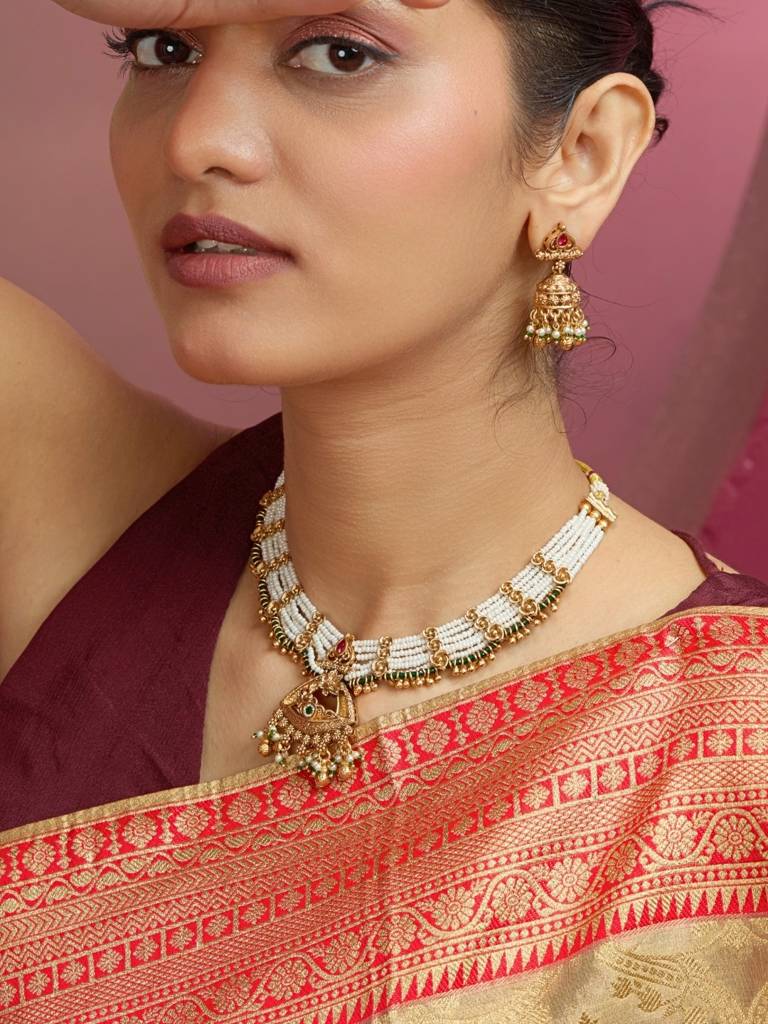 Traditional Temple Jewellery Necklace Set With Jhumka Earrings | Antique Gold With White Beads | Bridal & Fes : NS1125SRP380GM