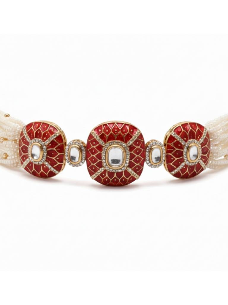 Red Meenakari Kundan Pearl Necklace Set With Earrings For Women | Gold Tone Traditional Jewellery | Bridal, F : NS1125SRP441GP