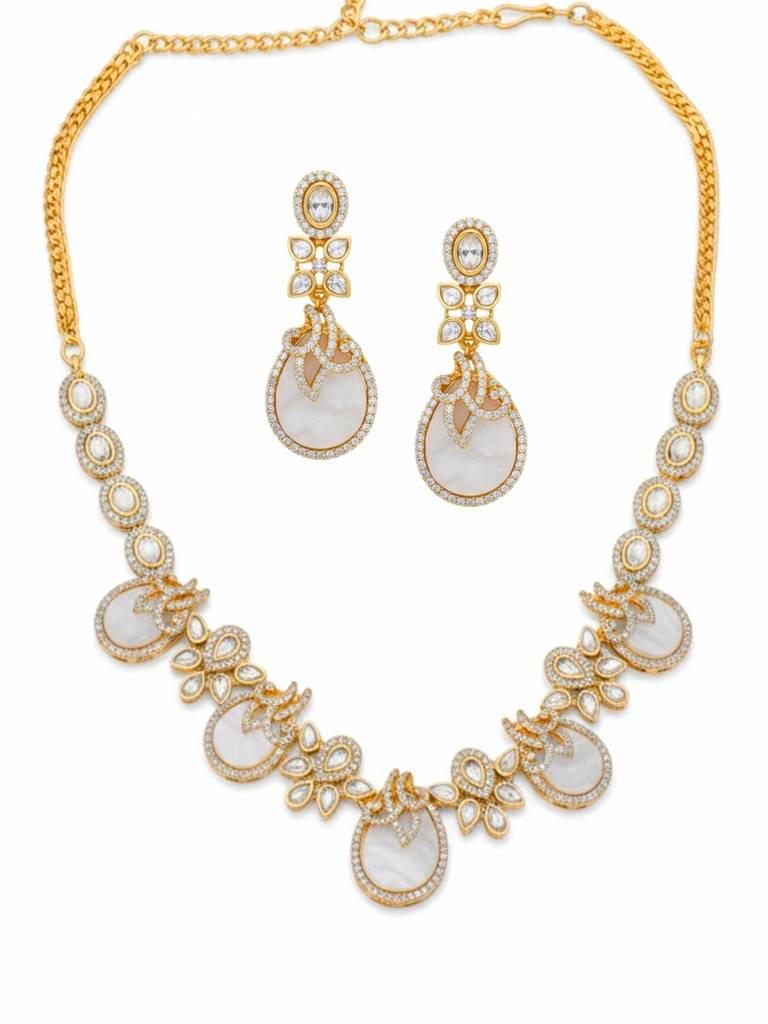 Mother Of Pearl & American Diamond Gold-Plated Necklace Set For Women | Premium Bridal & Party Jewellery With : NS1125SRP500GW