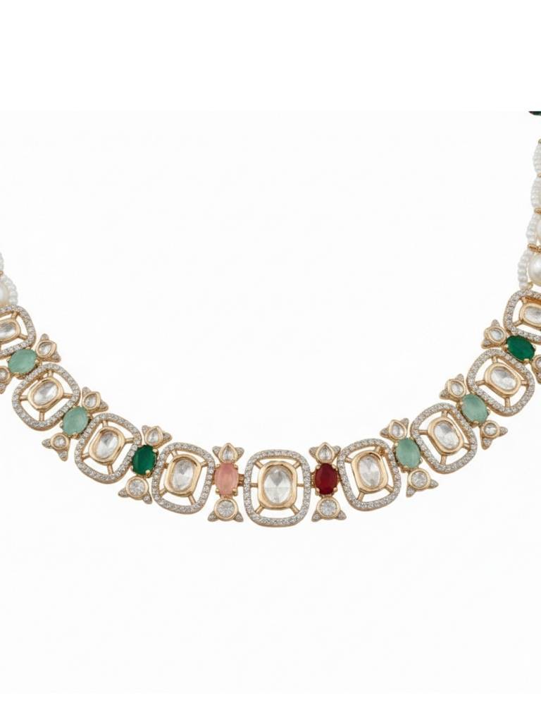Traditional Kundan Pearl Necklace Set For Women With Earrings | Multicolour Stones | Wedding, Festive Jewellery : NS1125SRP566GM