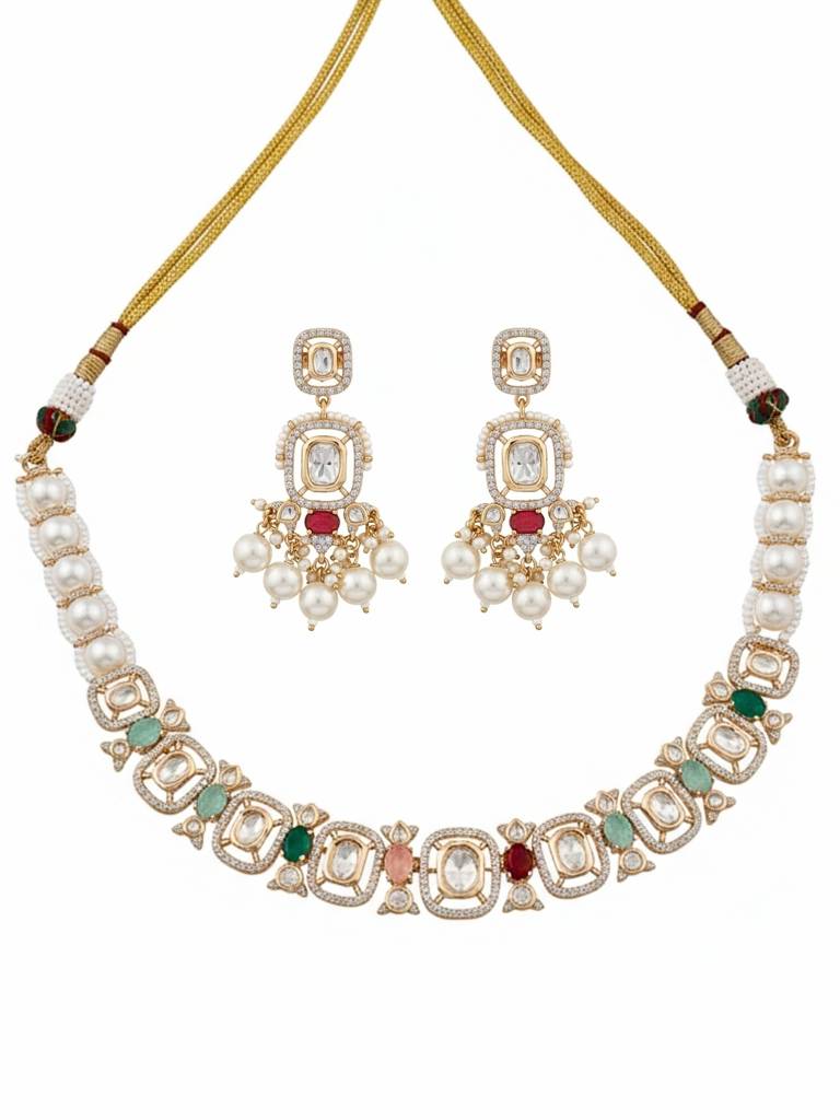 Traditional Kundan Pearl Necklace Set For Women With Earrings | Multicolour Stones | Wedding, Festive Jewellery : NS1125SRP566GM
