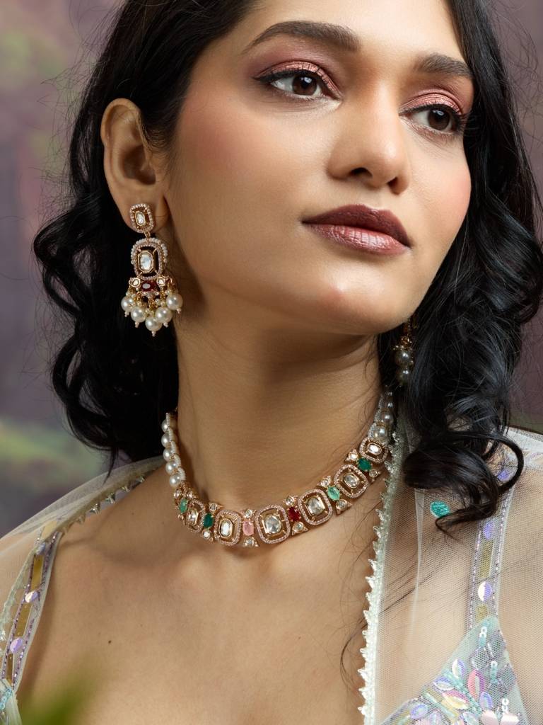 Traditional Kundan Pearl Necklace Set For Women With Earrings | Multicolour Stones | Wedding, Festive Jewellery : NS1125SRP566GM