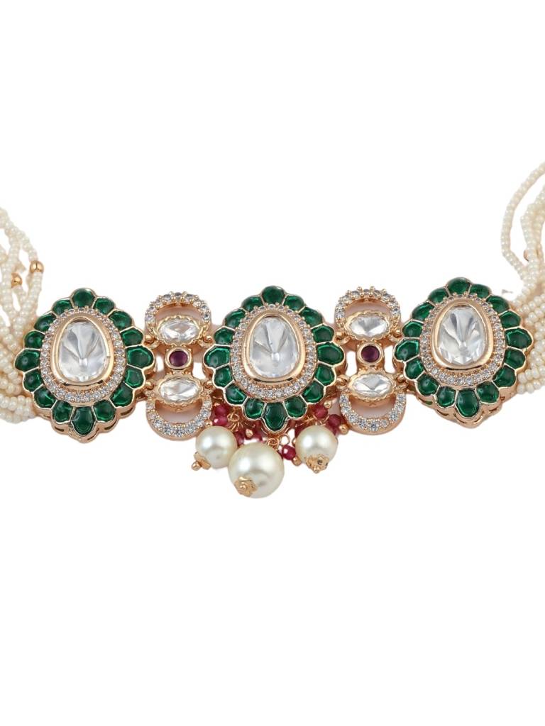 Traditional Kundan Pearl Choker Necklace Set For Women With Earrings | Green & White Beads | Bridal Wedding J : NS1125SRP567GG