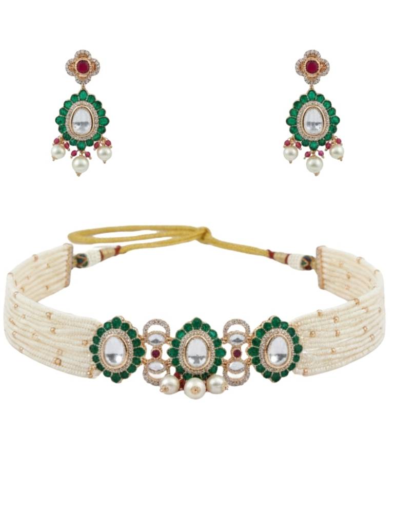 Traditional Kundan Pearl Choker Necklace Set For Women With Earrings | Green & White Beads | Bridal Wedding J : NS1125SRP567GG