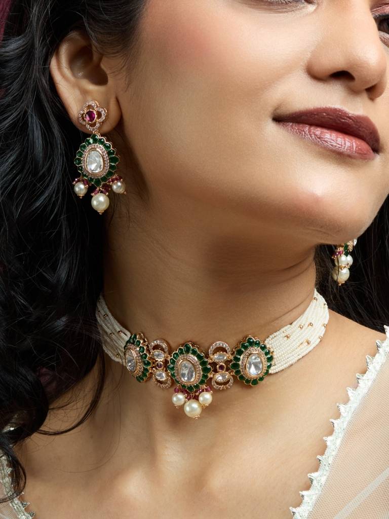 Traditional Kundan Pearl Choker Necklace Set For Women With Earrings | Green & White Beads | Bridal Wedding J : NS1125SRP567GG