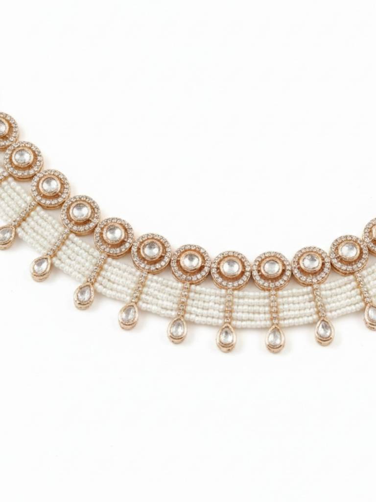 Kundan Pearl Choker Necklace Set For Women With Earrings | White Beads & Gold Tone | Bridal, Festive Jewellery : NS1125SRP605GW