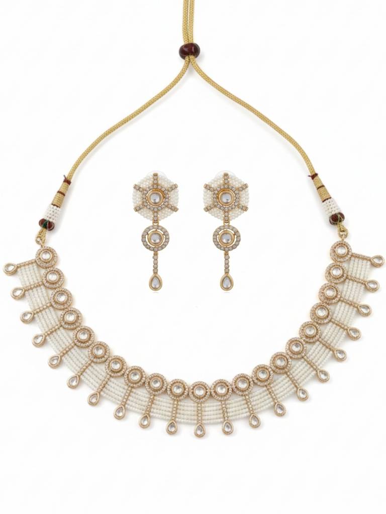 Kundan Pearl Choker Necklace Set For Women With Earrings | White Beads & Gold Tone | Bridal, Festive Jewellery : NS1125SRP605GW