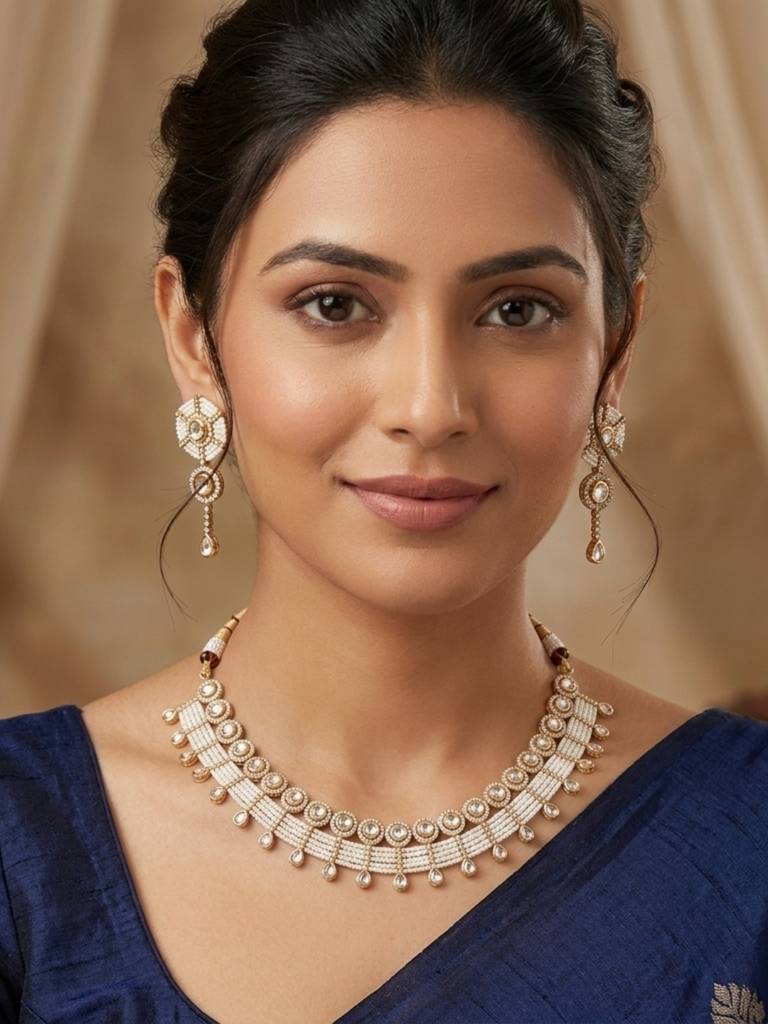 Kundan Pearl Choker Necklace Set For Women With Earrings | White Beads & Gold Tone | Bridal, Festive Jewellery : NS1125SRP605GW