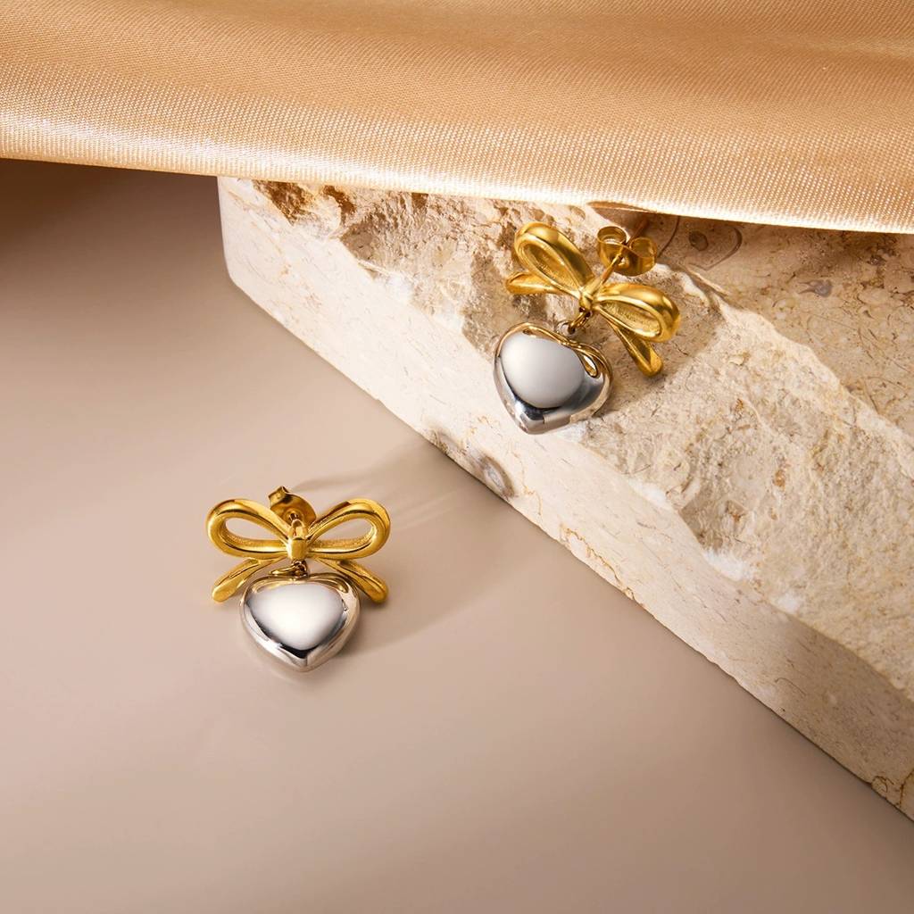 18K Gold & Silver Plated Waterproof Anti-Tarnish Bow And Heart Drops : ASG0125E423GS