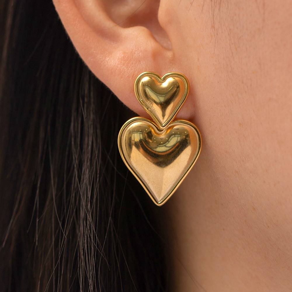 Set Of 2 18K Gold &Silver Plated Waterproof Anti-Tarnish Duo Heart Drop Earrings : ASG0125E393C2