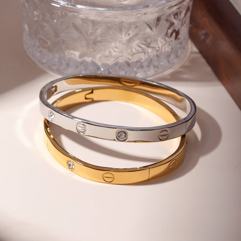 18K Plated Waterproof Anti-Tarnish Screw And Zircon  Bangle Bracelet : ASG0125B235S
