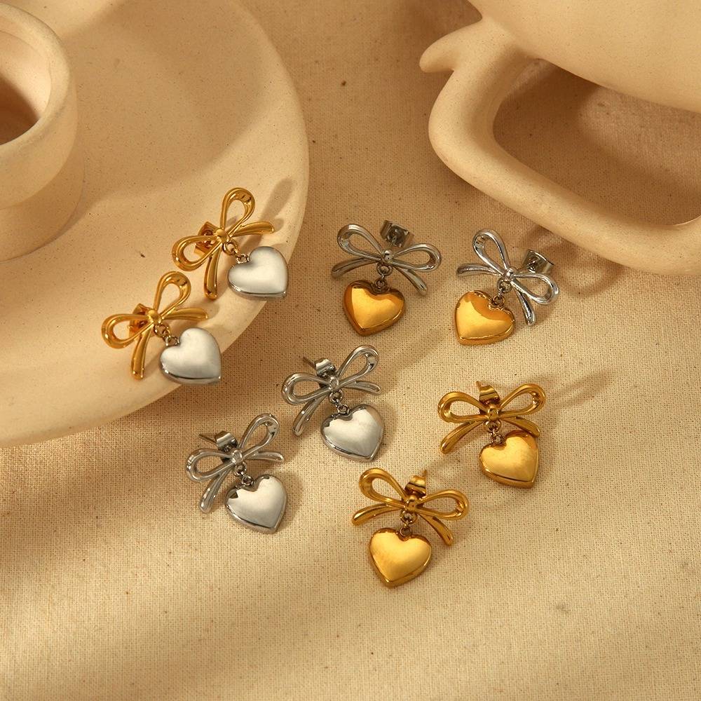 18K Gold & Silver Plated Waterproof Anti-Tarnish Bow And Heart Drops : ASG0125E424SG