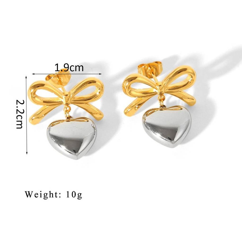 18K Gold & Silver Plated Waterproof Anti-Tarnish Bow And Heart Drops : ASG0125E423GS