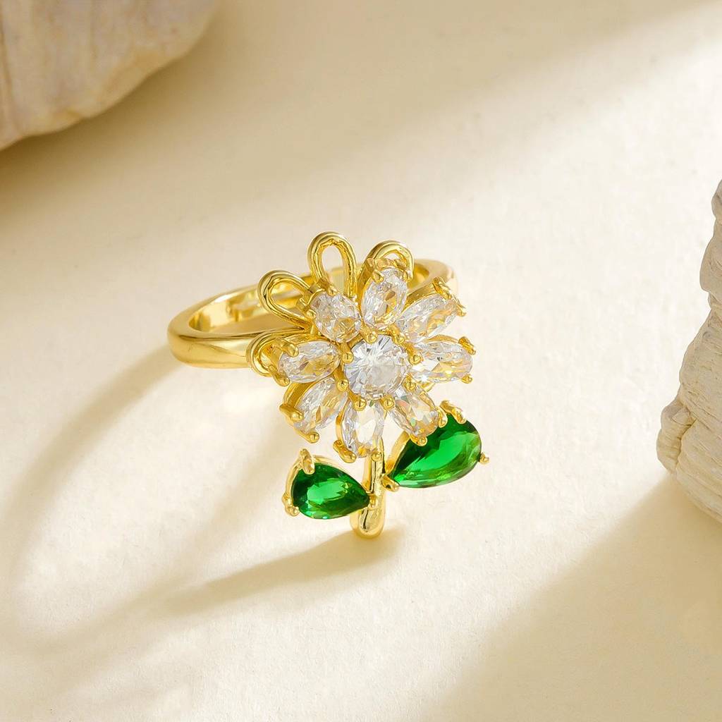 Adjustable Flower Spinner Ring For Women With Green Leaf Charms – Gold Plated Fidget Anxiety Relief Ring |Stain : O6-UDGC-Q47O