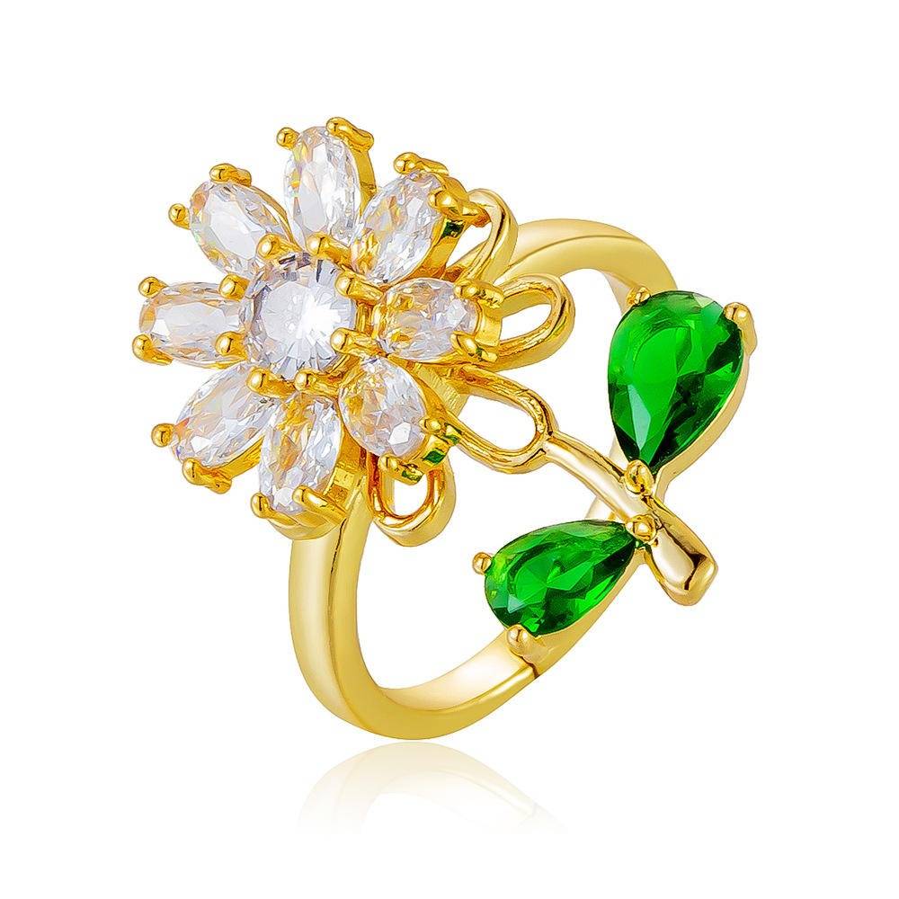 Adjustable Flower Spinner Ring For Women With Green Leaf Charms – Gold Plated Fidget Anxiety Relief Ring |Stain : O6-UDGC-Q47O