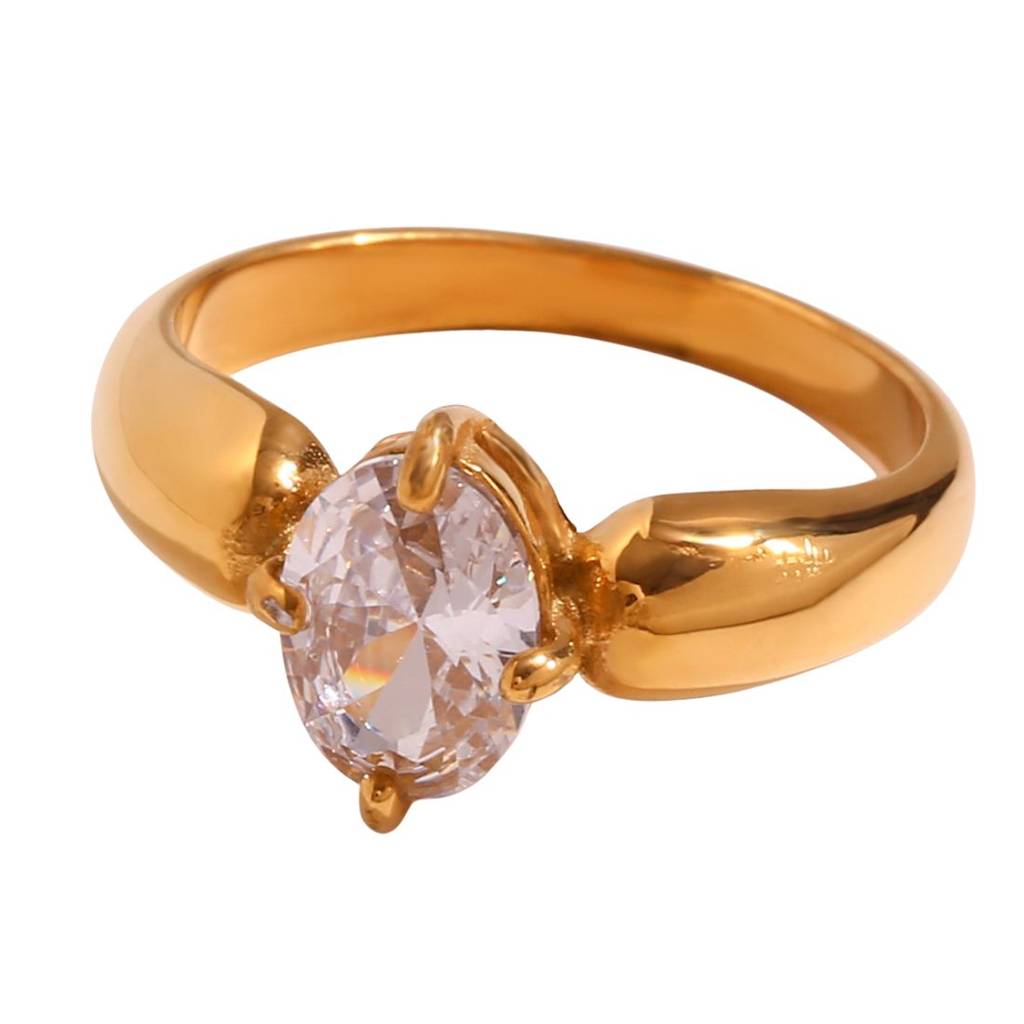 18K Gold Plated Waterproof Antitarnish Oval Zircon Ring : AMG0624R7821WH