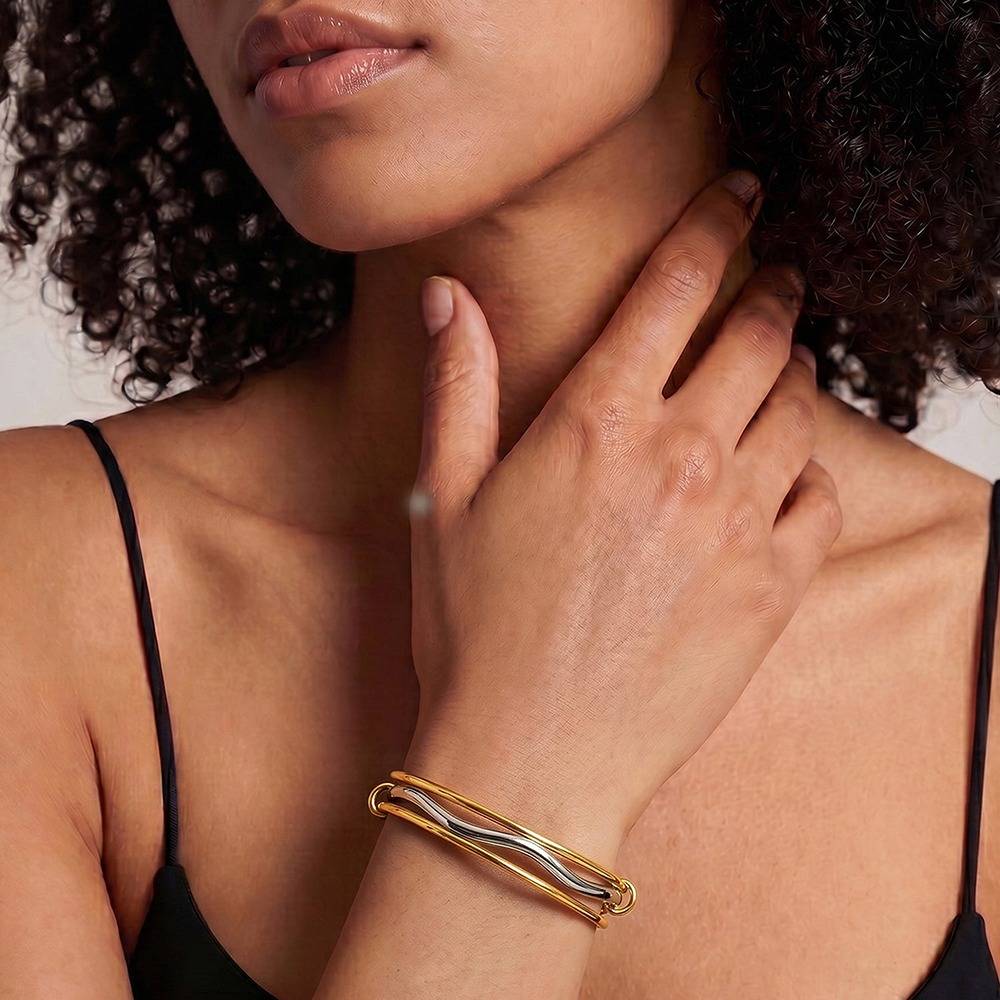 Twisted Signal Dual Tone Bangle Bracelet |Gifts For Women & Girls| Waterproof, Anti Tarnish, Skin Safe Jewellery Dou : OMBR080