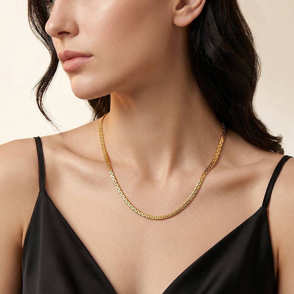 Grid Lock Gold Plated Chain |Gifts For Women & Girls| Waterproof, Anti Tarnish, Skin Safe Jewellery 18K Gold Tone Pla : OMCH03